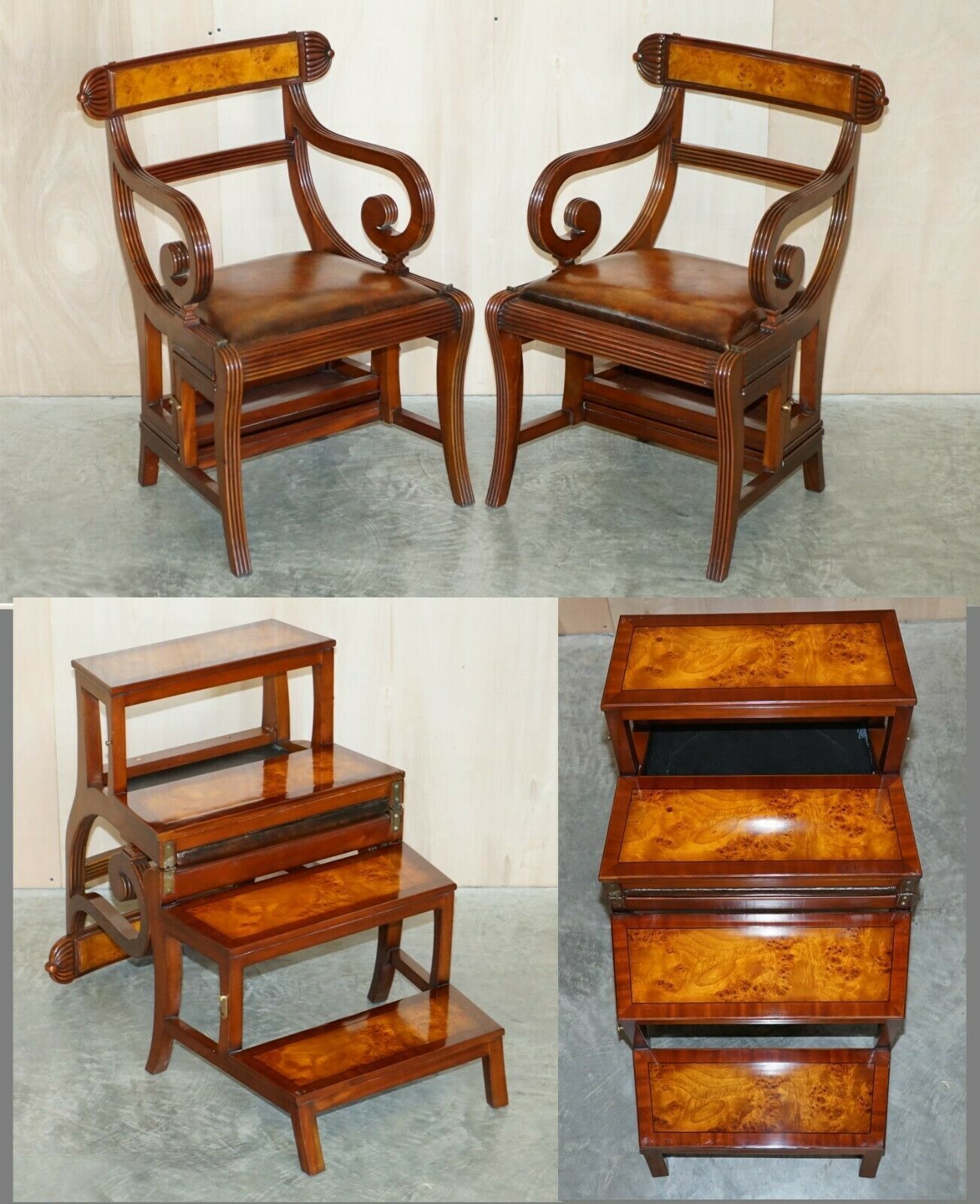 Burr Walnut Brown Leather Regency Metamorphic Reading Armchair To Library Steps