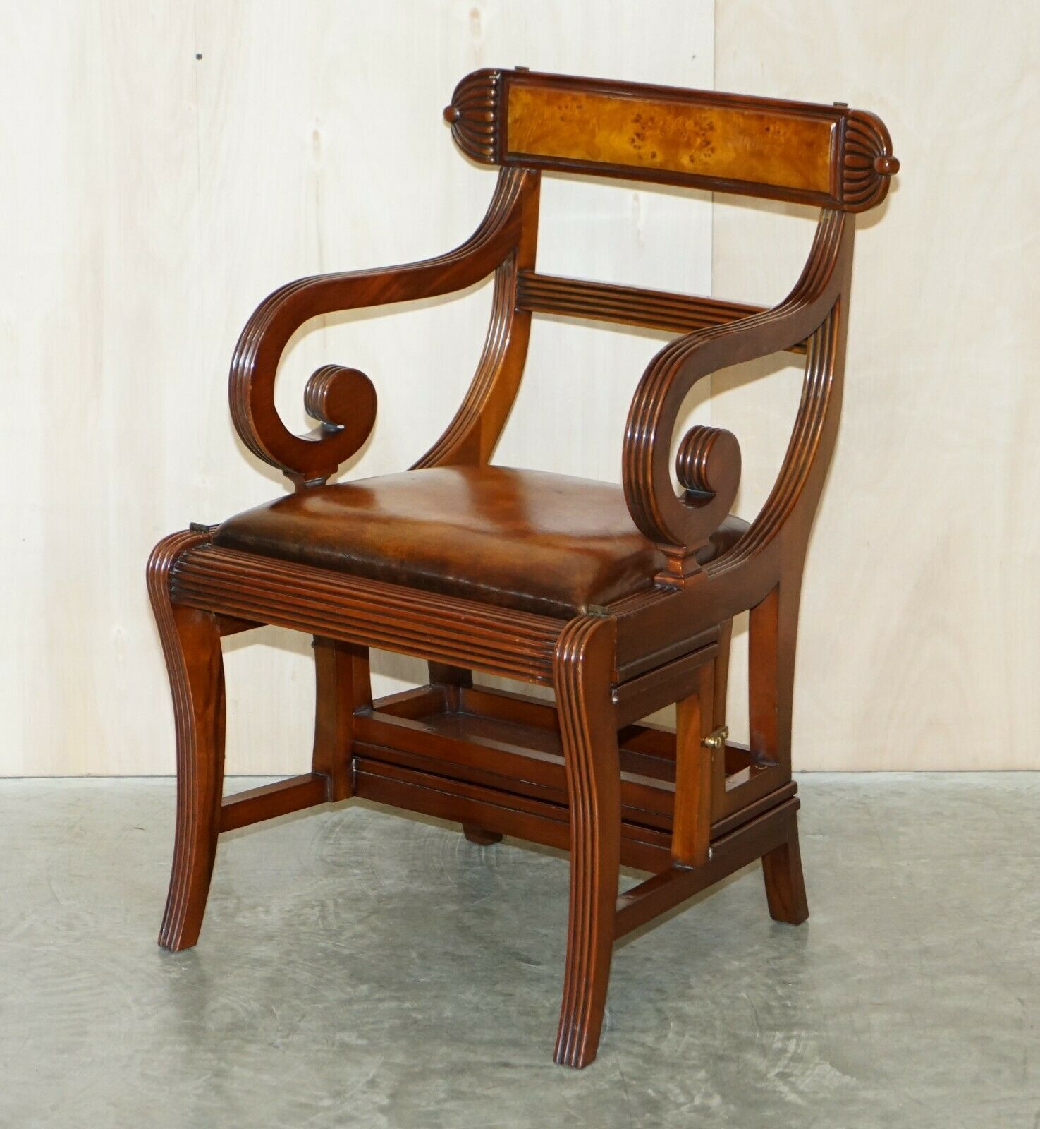 Burr Walnut Brown Leather Regency Metamorphic Reading Armchair To Library Steps photo for sale