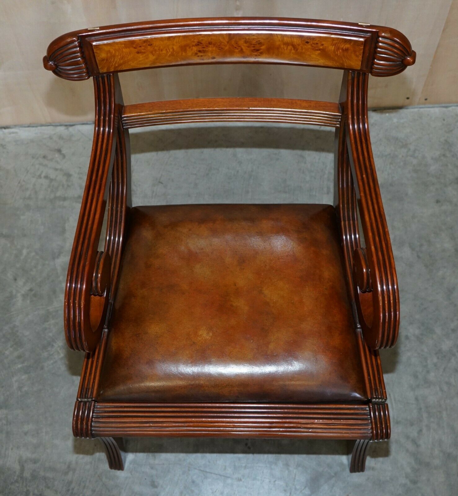 Burr Walnut Brown Leather Regency Metamorphic Reading Armchair To Library Steps photo vinterior