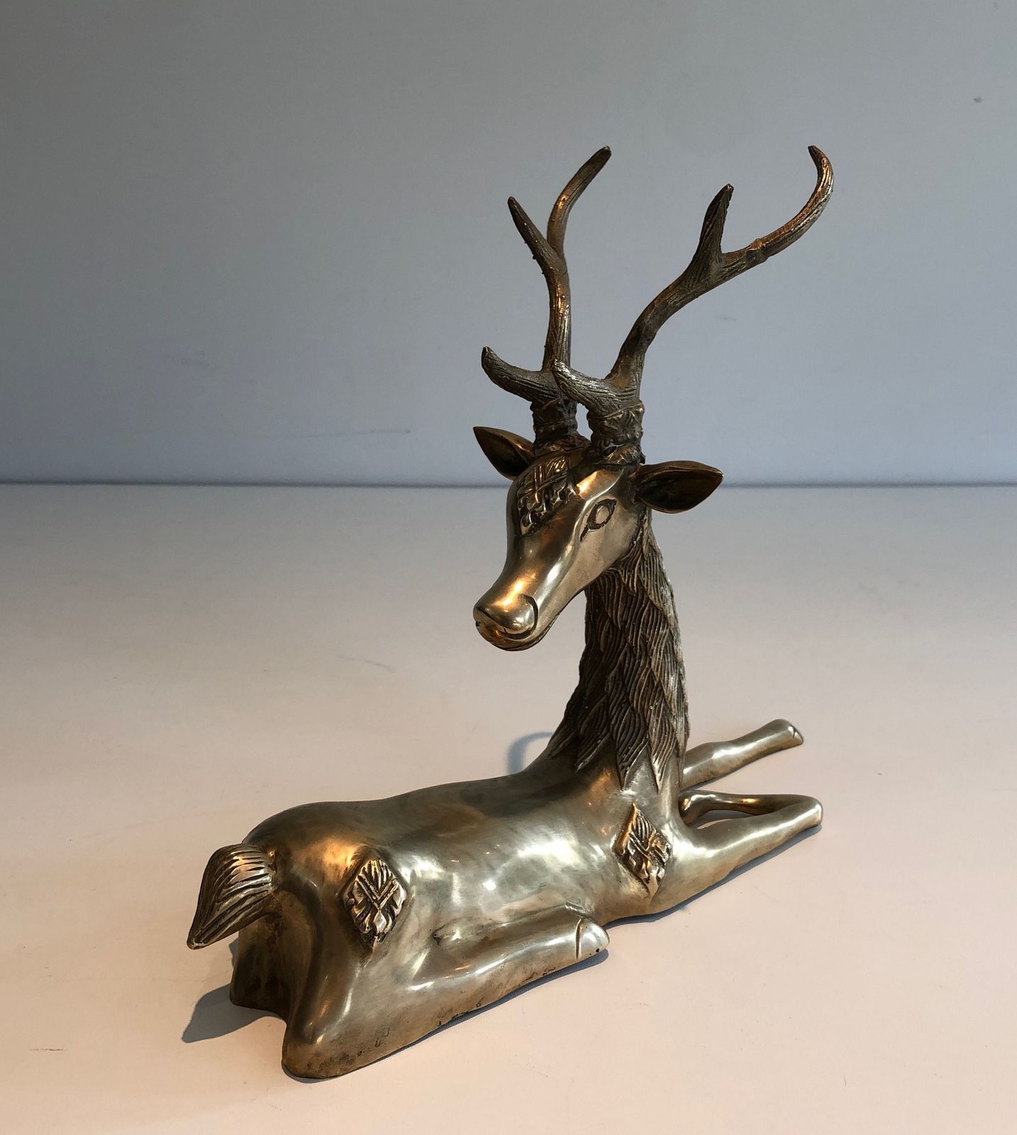 Recumbent Deer In Brass With Inlays photo for sale