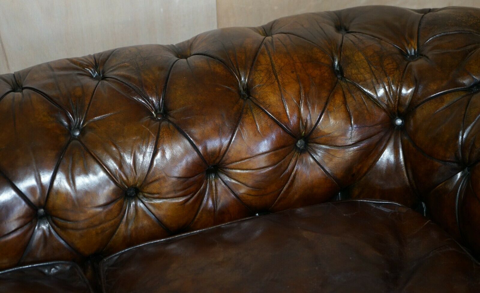 Antique Victorian Chesterfield Tufted Brown Leather Sofa Feather Filled Cushions photo vintage