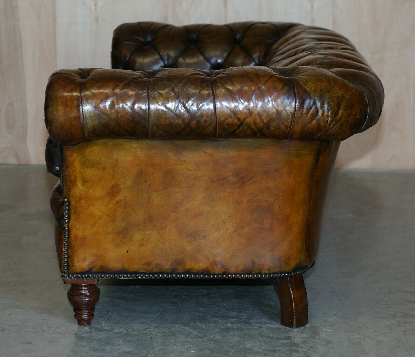 8500.0 Antique Victorian Chesterfield Tufted Brown Leather Sofa Feather Filled Cushions photo