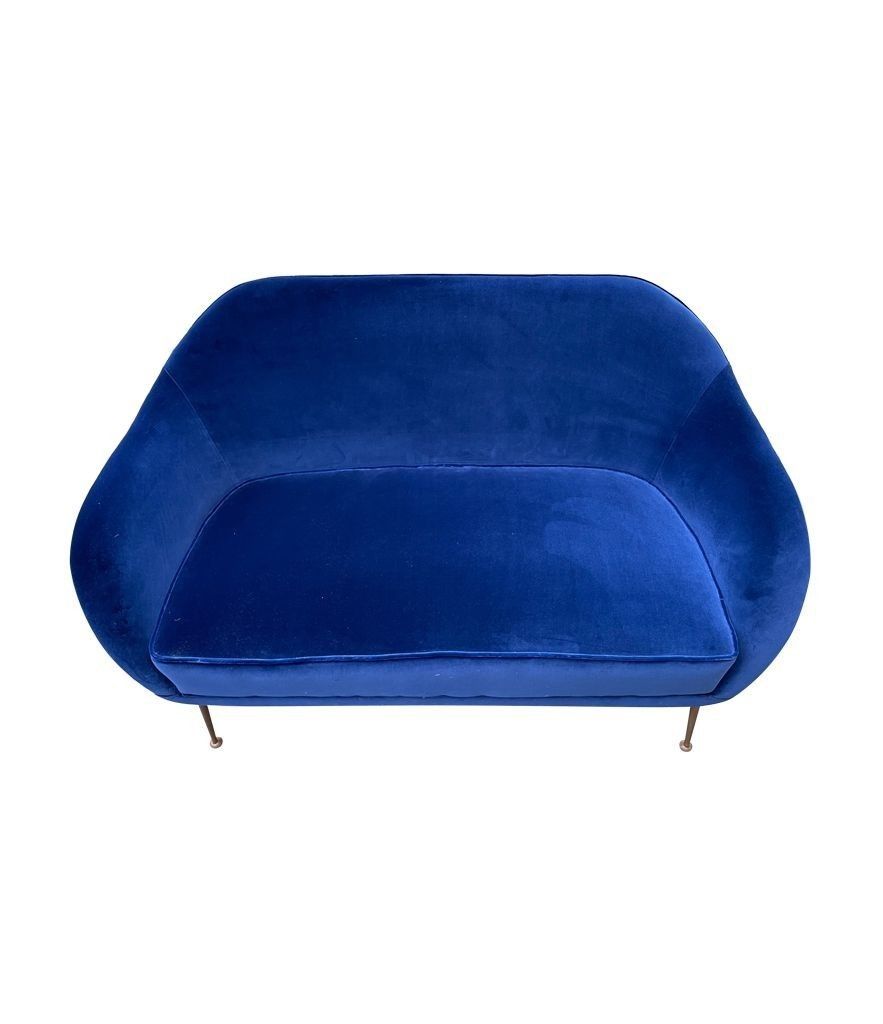 A1950s Italian Two Seater Sofa With Brass Legs Newly Upholstered In Blue Velvet photo for sale