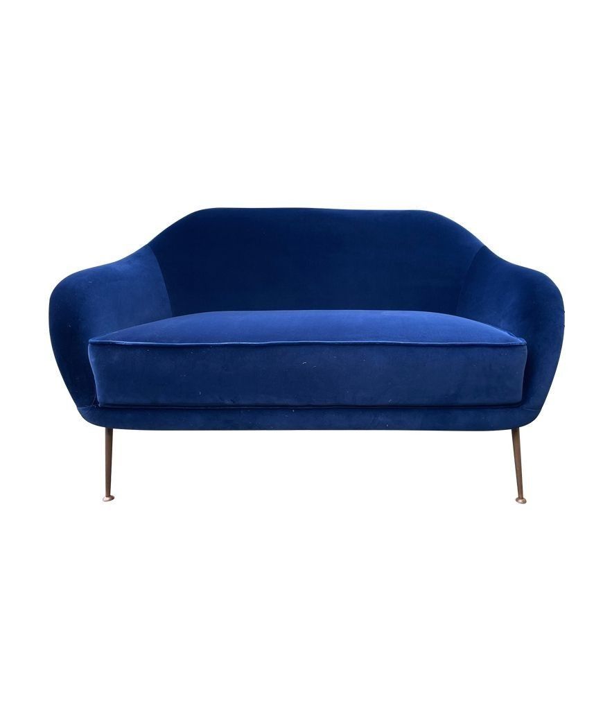 3450.0 A1950s Italian Two Seater Sofa With Brass Legs Newly Upholstered In Blue Velvet photo