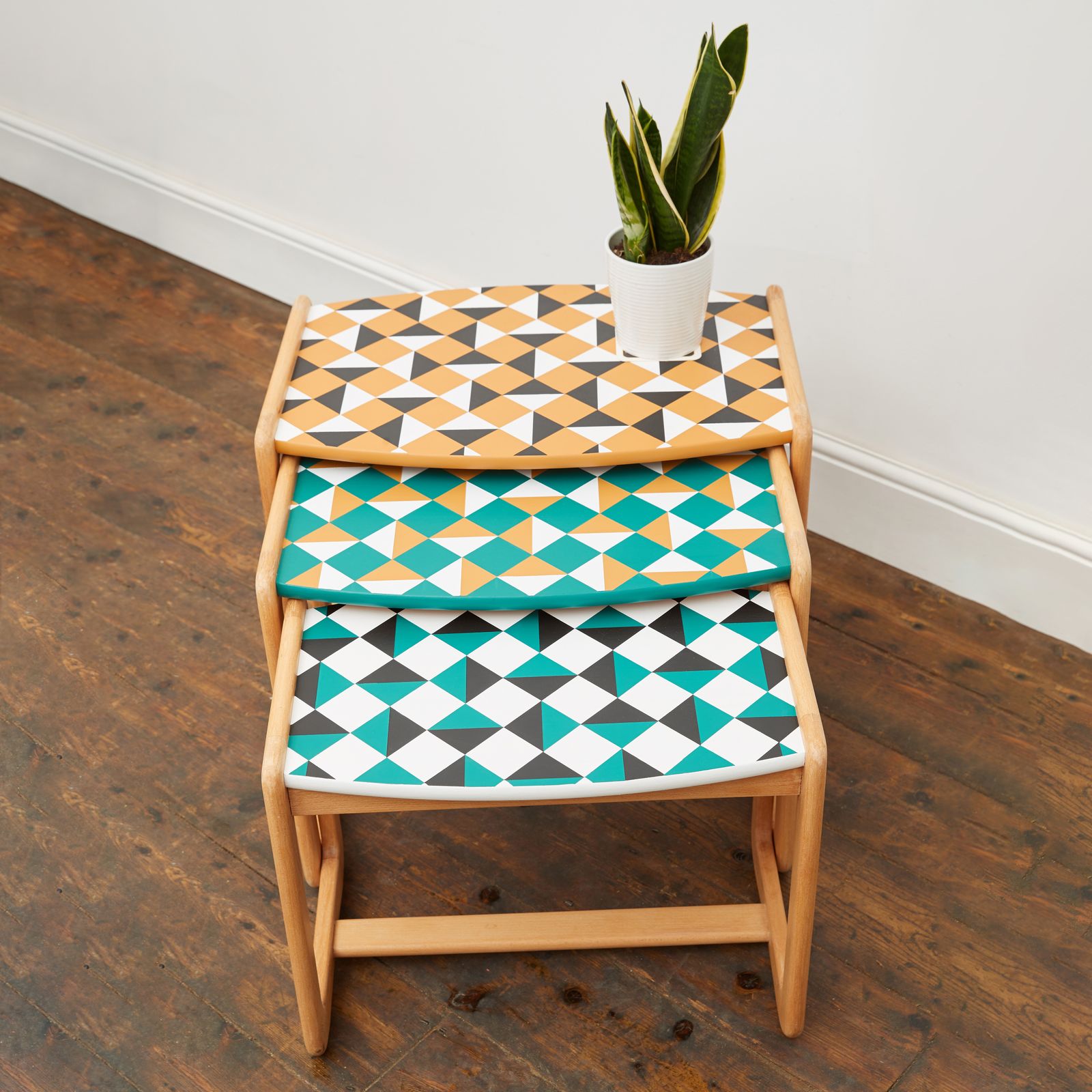 Gplan Style Mid Century Nest Of Tables With Hand Painted Geometric Pattern photo vintage