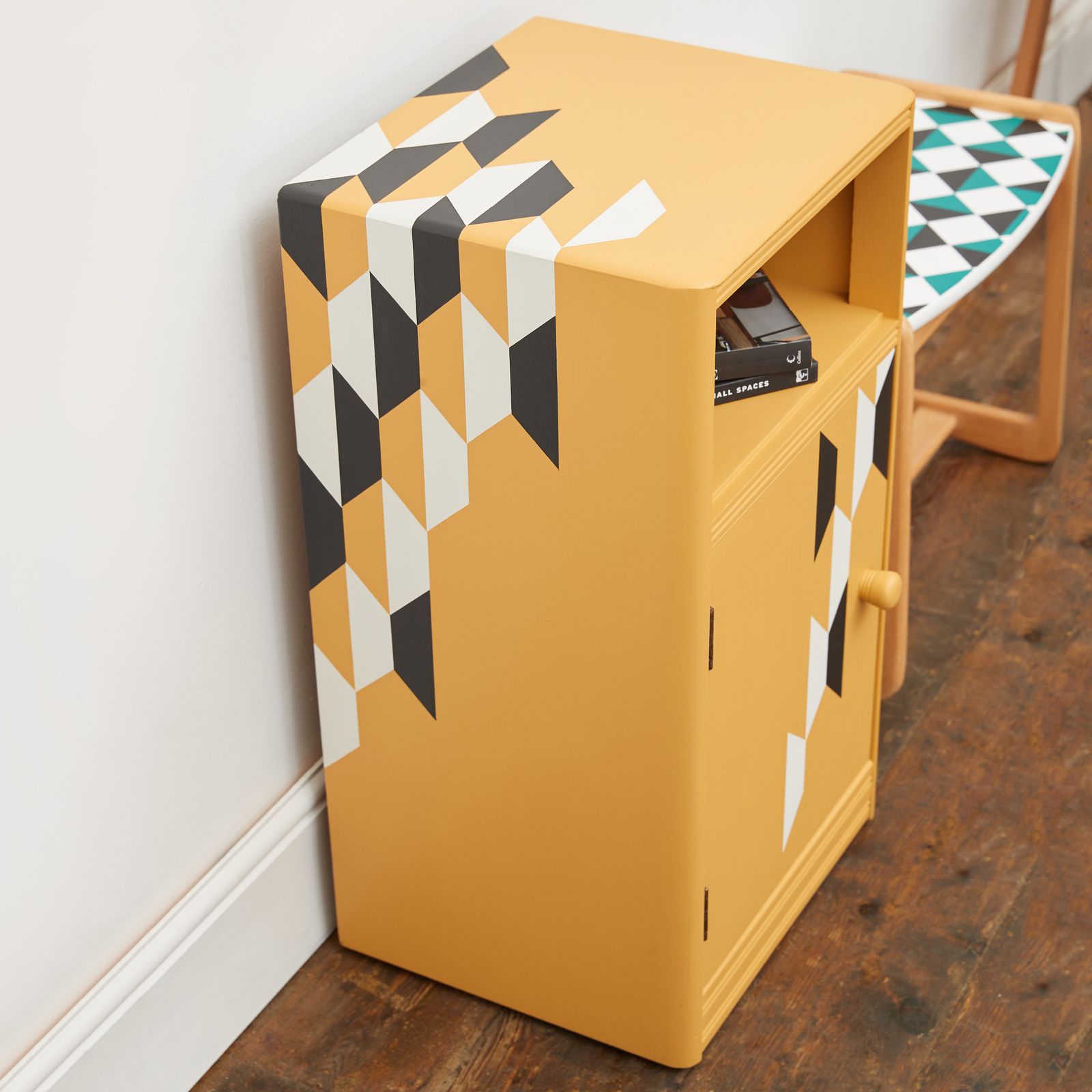 Mustard Yellow Wooden Bedside Table With Hand Painted Geometric Design In Black And White photo furniture