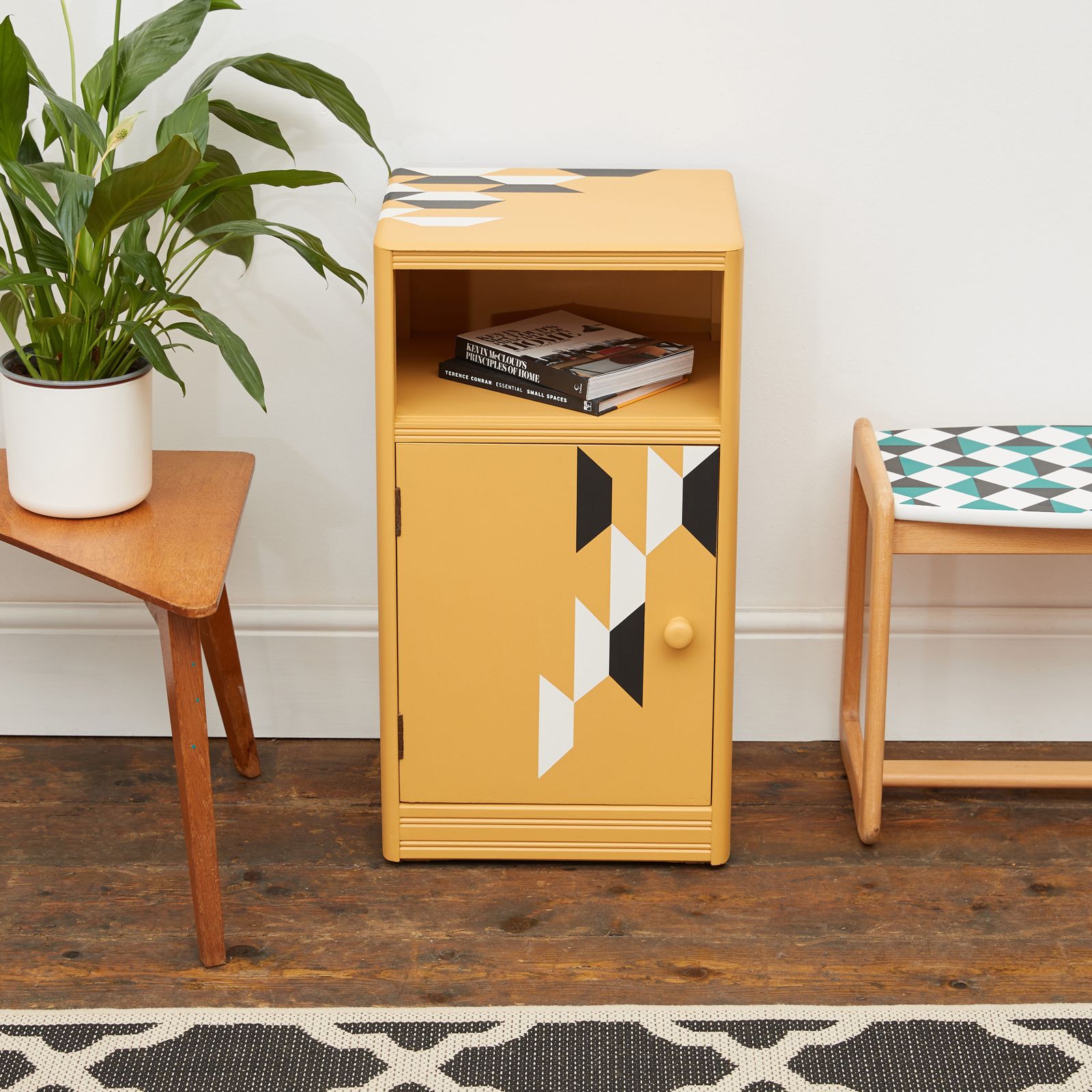 Mustard Yellow Wooden Bedside Table With Hand Painted Geometric Design In Black And White