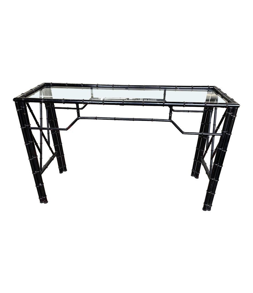 A 1960s Faux Bamboo Black Lacquered Console With Glass photo furniture
