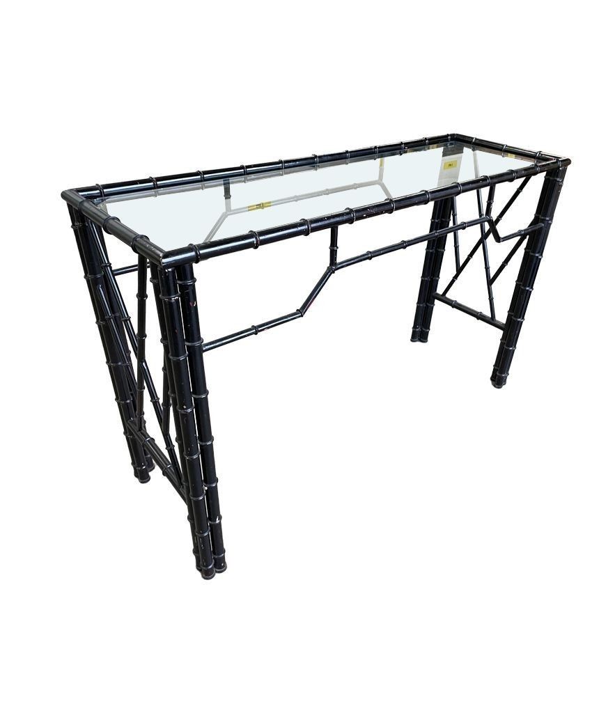 A 1960s Faux Bamboo Black Lacquered Console With Glass photo for sale
