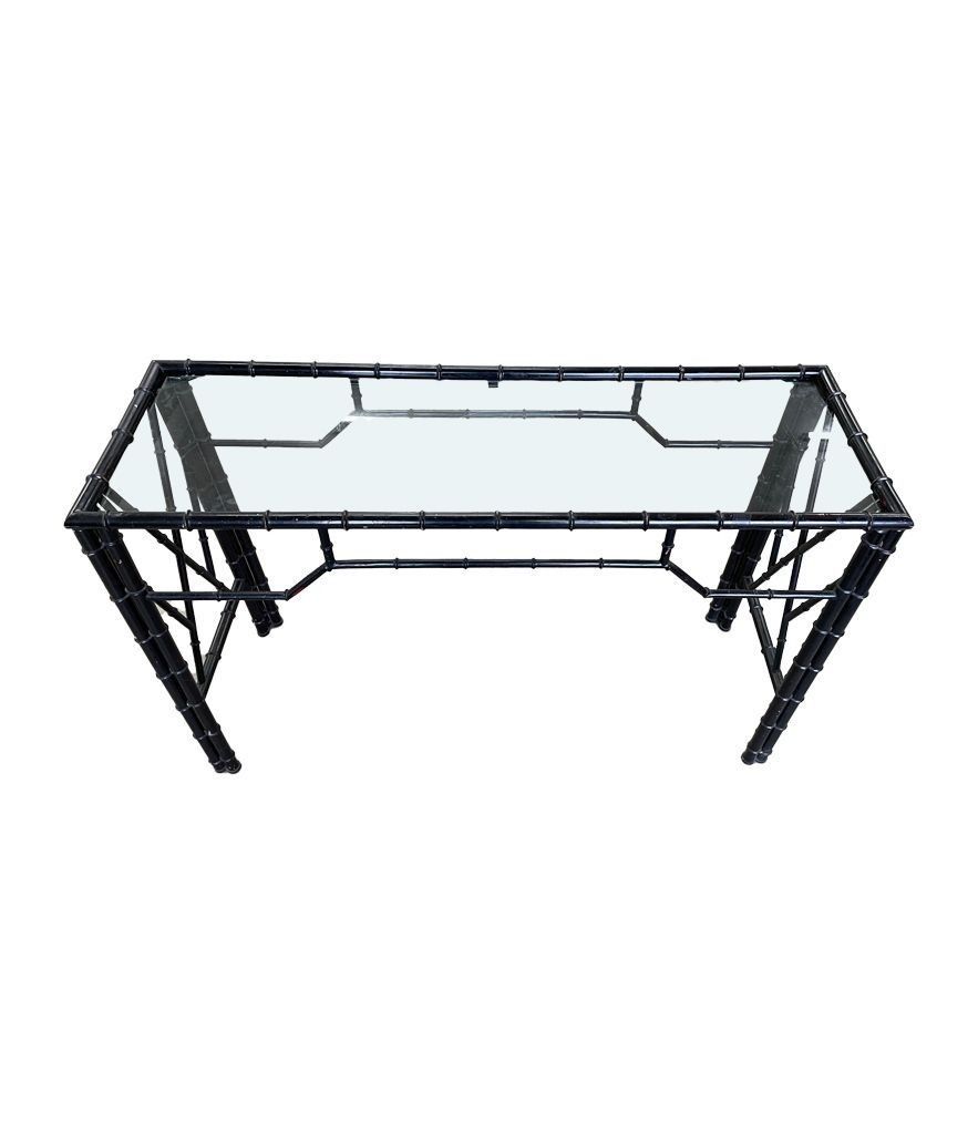 photo furniture A 1960s Faux Bamboo Black Lacquered Console With Glass