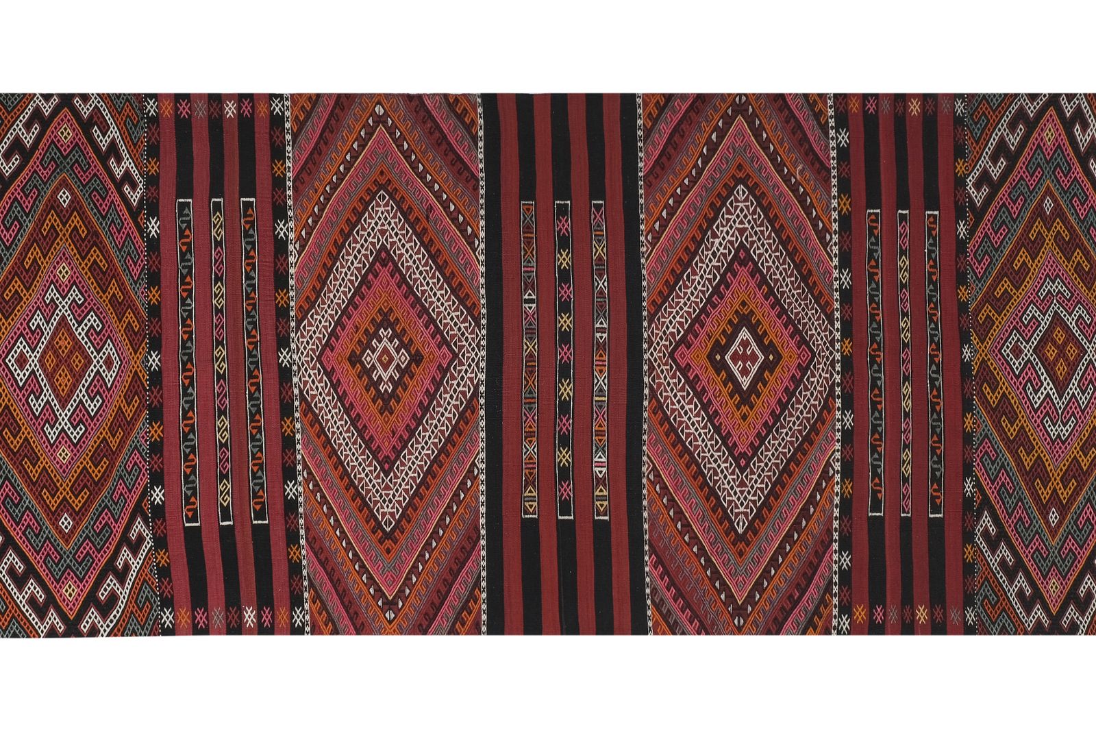 1960s Turkish Tribal Stripe Embroided Kilim Rug 4'8'' X 14'7'' photo 611.0