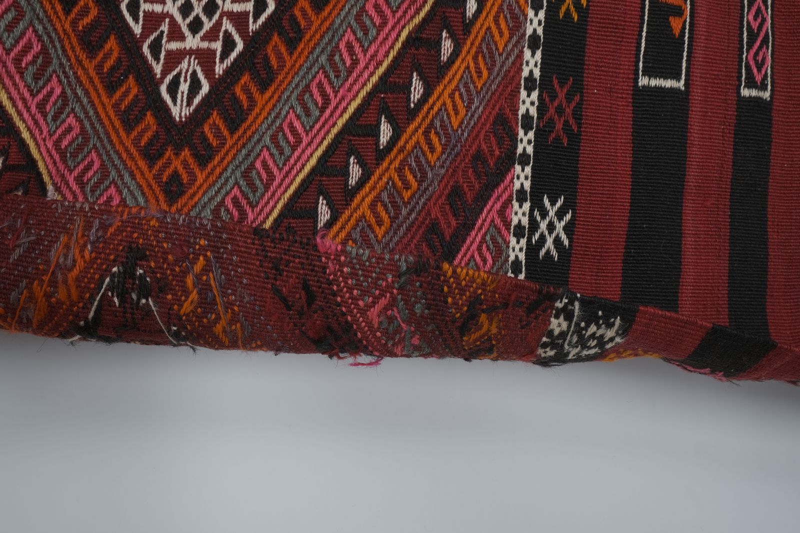 photo for sale 1960s Turkish Tribal Stripe Embroided Kilim Rug 4'8'' X 14'7''