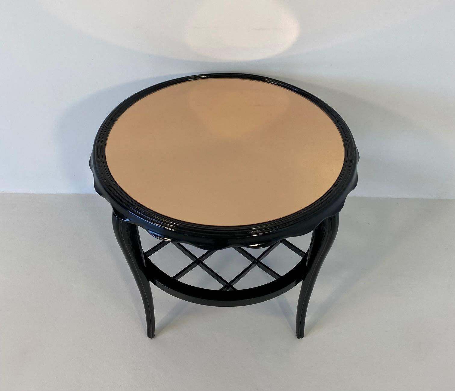 Italian Art Deco Black Lacquer And Pink Mirror Coffee Table 1940s photo for sale