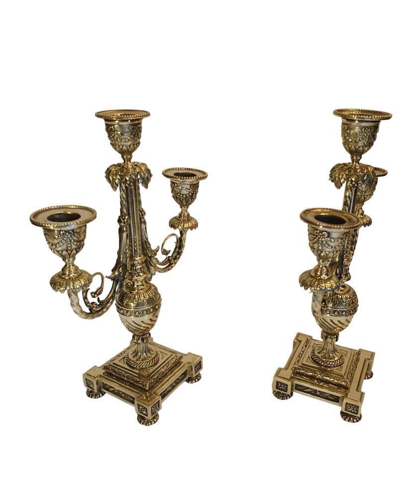 A Gorgeous Quality Pair Of 19th Century Polished Brass Three Branch Candelabra photo for sale