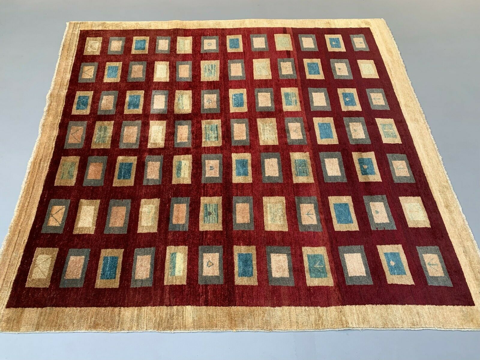 Afghan Chobi Art Deco Rug 183x173 Cm, Square Tribal Handmade,Wool, Beige photo Textiles