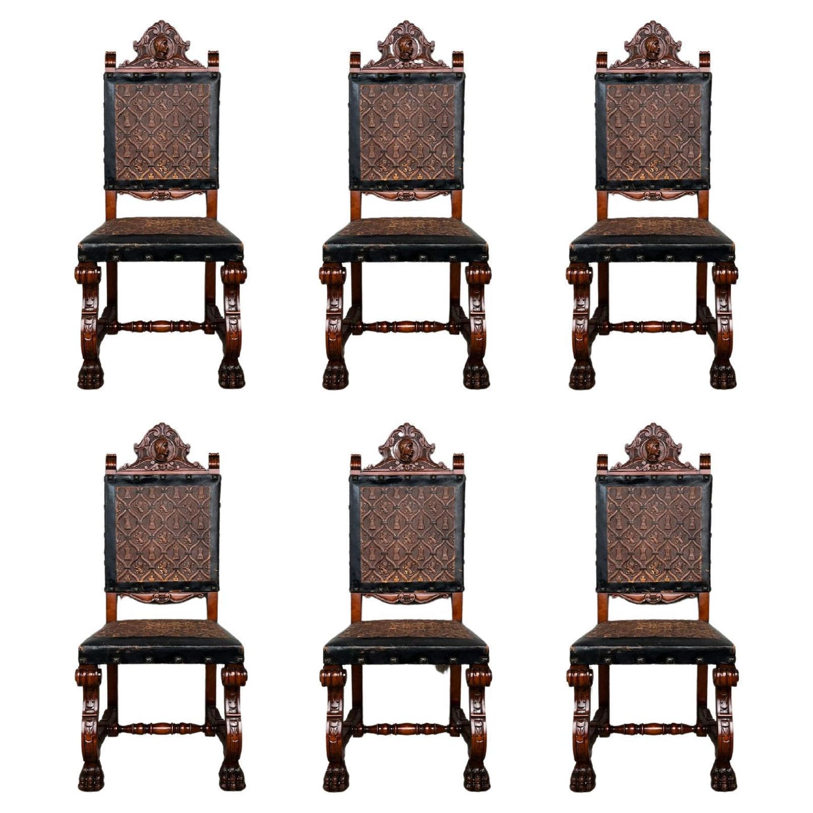 Early 20th Set Of Six Spanish Carved Chairs With Black & Brown Embossed Leather