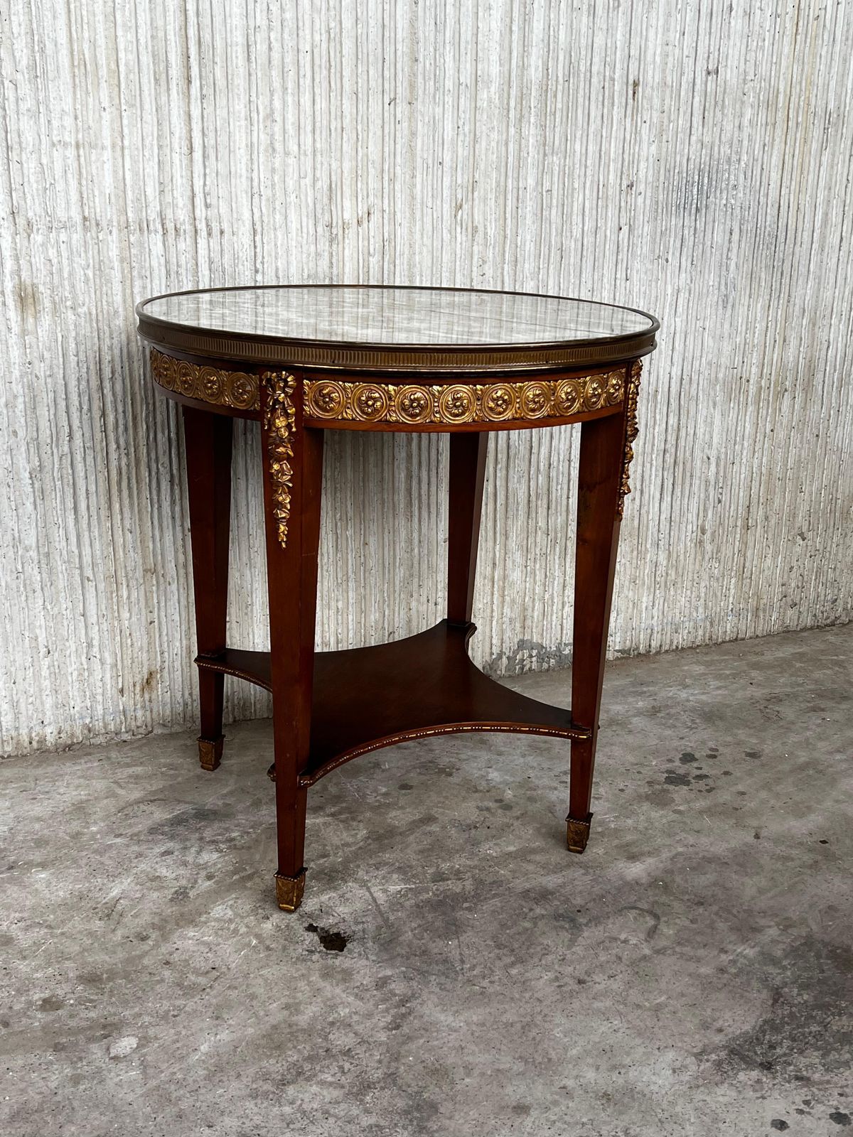 20th Century French Louis XVI Style Bronze, Round Marble & Oak Side Table photo for sale