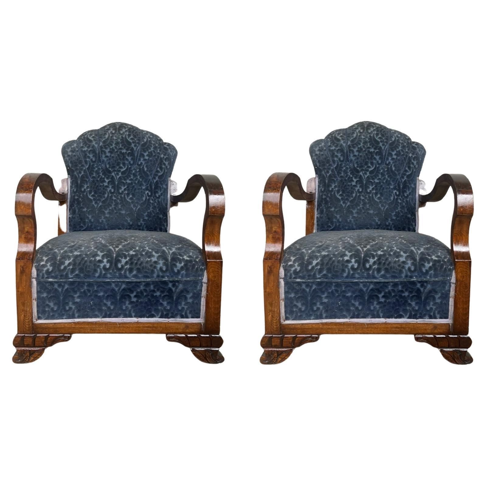 Pair Of Art Deco Club Armchairs With Blue Ink Damask Velvet