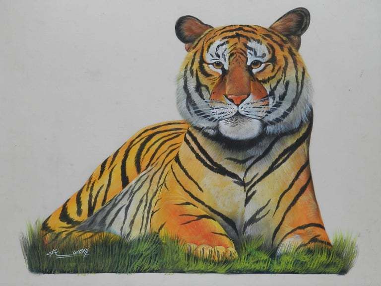 Tiger Watercolor Painting Signed By Artist 20th Century Asian photo furniture