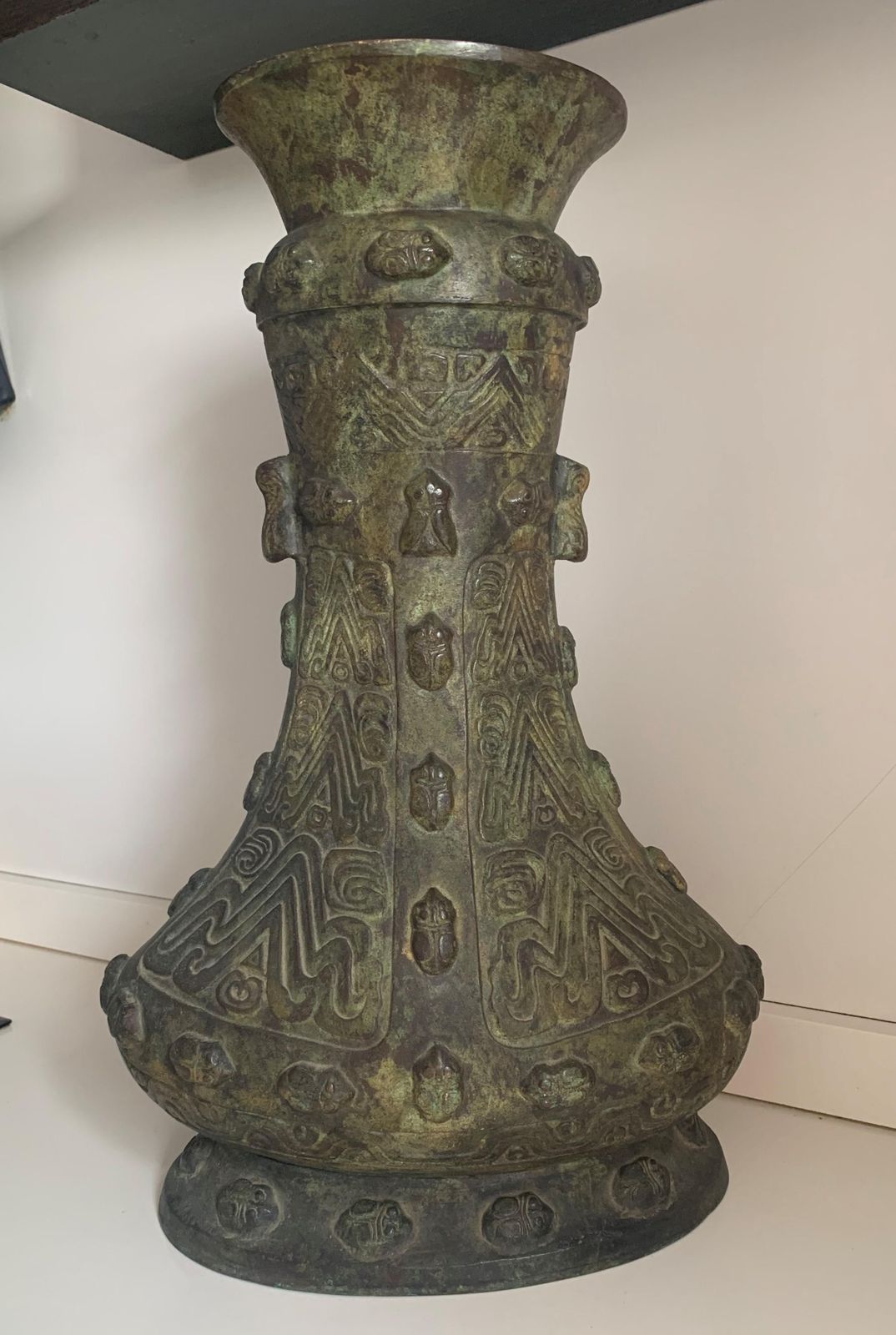 Chinese Archaistic Bronze Vase, Circa 1900 Shang Dynasty Style Gu Vessel photo furniture