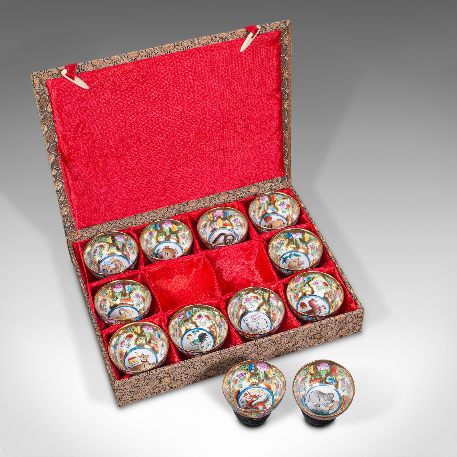 Set Of 12 Vintage Zodiac Cups, Chinese, Ceramic Miniature Dish, Kung Fu Teacup