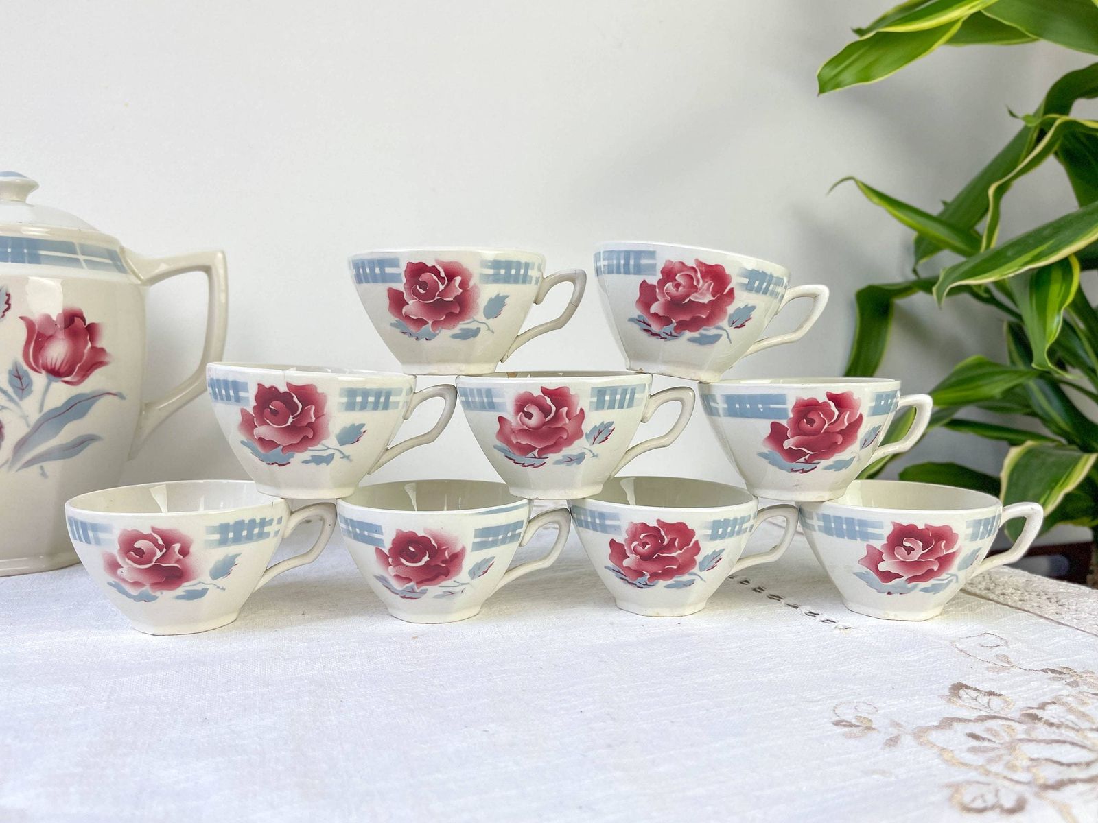Vintage Tea Service In Flowered Earthenware Sarreguemines Model "Troyes" ~ Vintage Coffee Service Made In France ~ Tea Cups ~ Teapot photo furniture