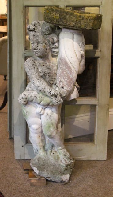 Reconstituted Stone Figureof A Boy Holding Up A Laterham Stone Bird Bath