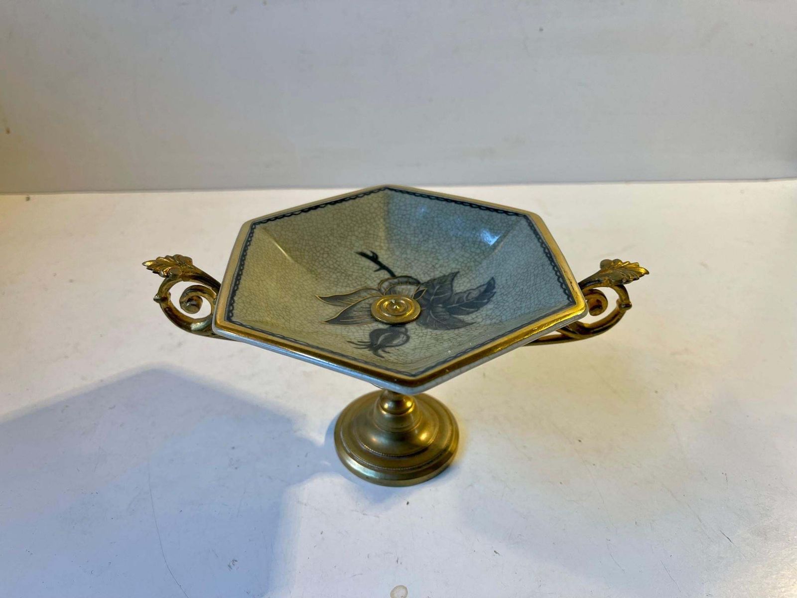 Vintage Faience & Brass Pedestal Chocolate Dish, Bonbonniere By Royal Copenhagen photo Home Decor