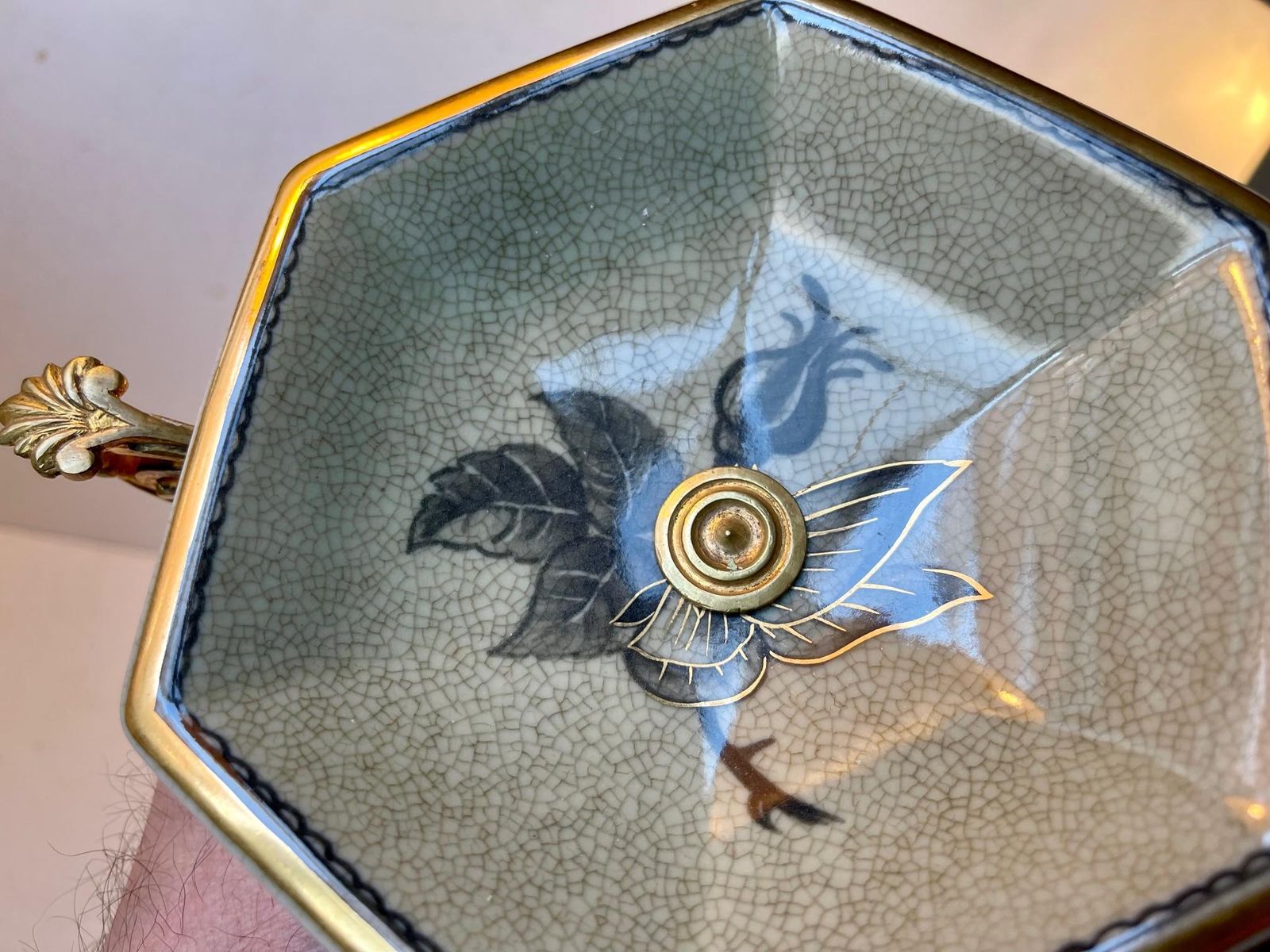 Vintage Faience & Brass Pedestal Chocolate Dish, Bonbonniere By Royal Copenhagen photo vinterior