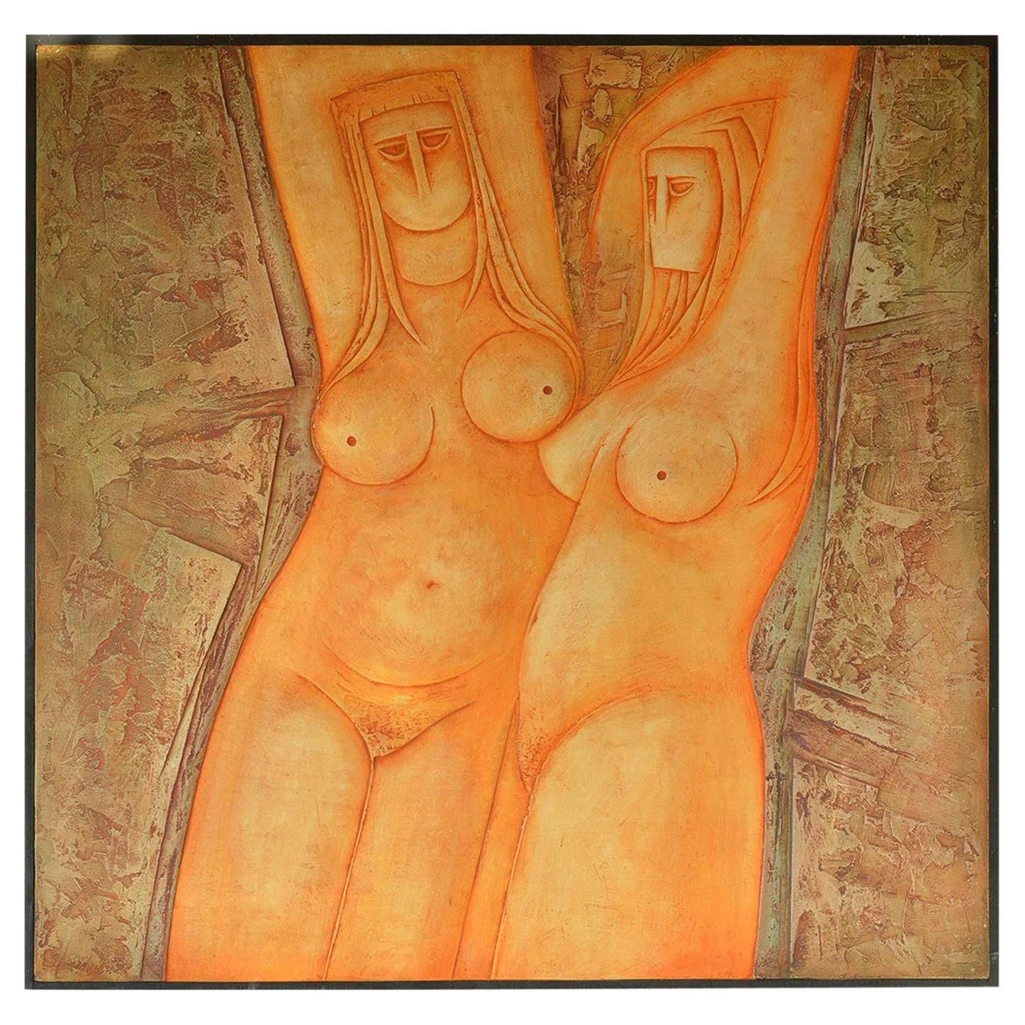 Large Nude Painted Bas Relief. Eric Satchwell, 1973