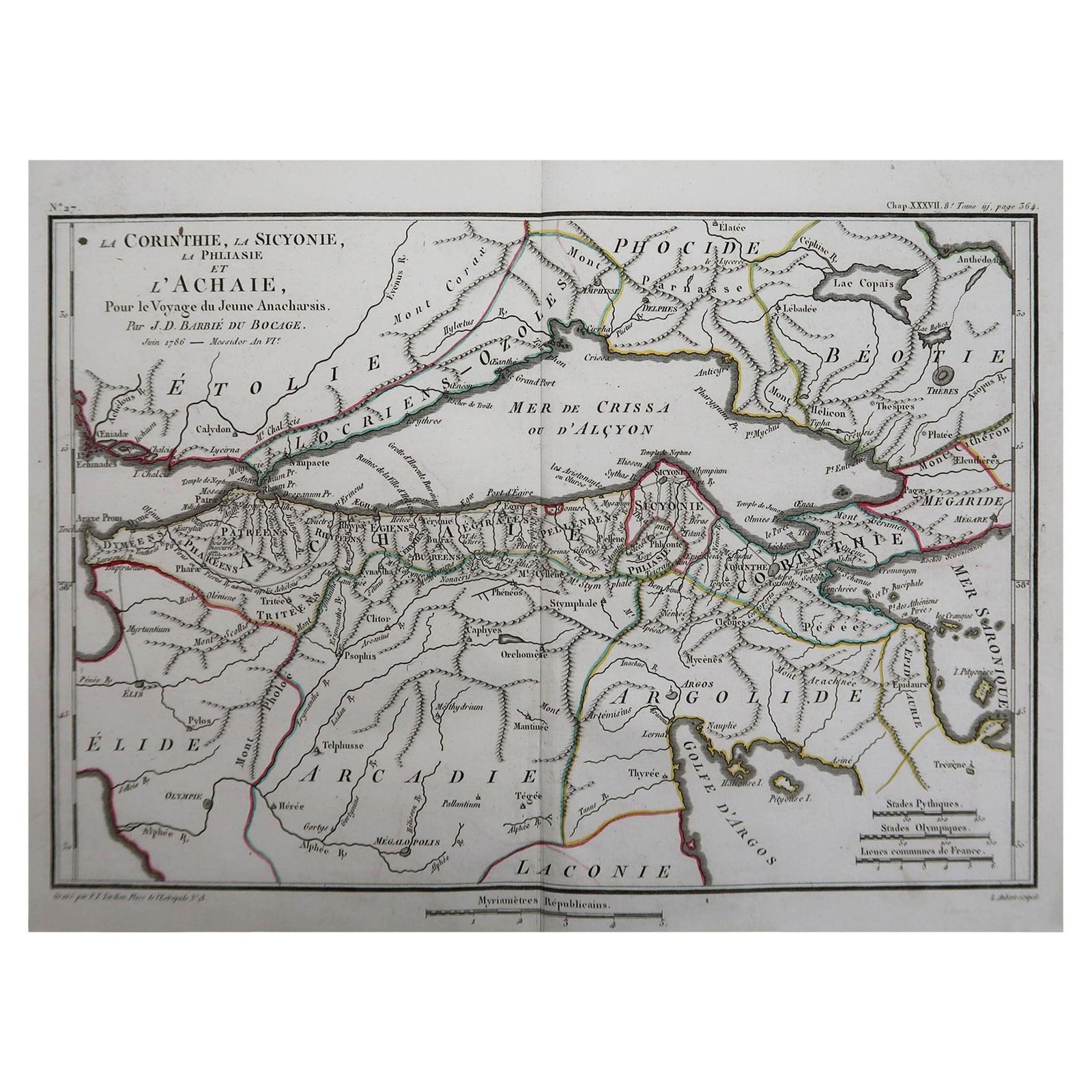 Original Antique Map Of Ancient Greece, Achaia, Corinth, 1786