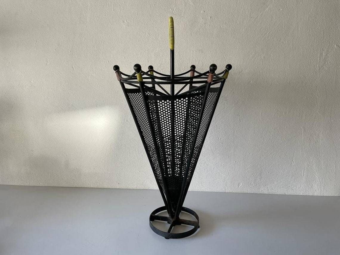 Black Metal 6 Slot Umbrella Stand With Yellow Circle Handle, 1950s photo for sale