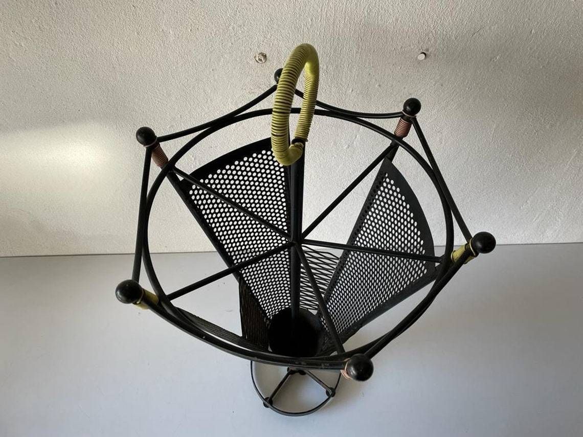 Black Metal 6 Slot Umbrella Stand With Yellow Circle Handle, 1950s photo Home Decor