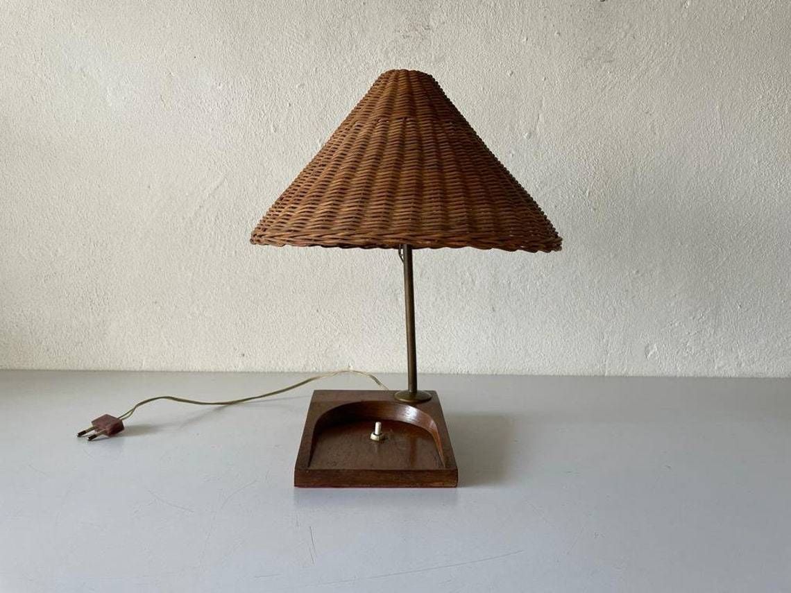 Mid Century Wicker & Wood Desk Lamp, 1950s, Italy photo for sale