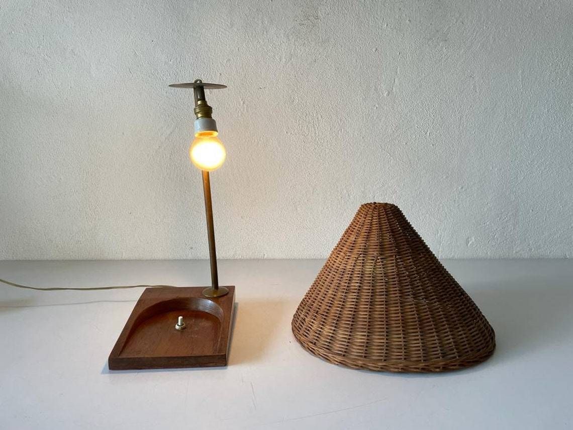 Mid Century Wicker & Wood Desk Lamp, 1950s, Italy photo Lighting