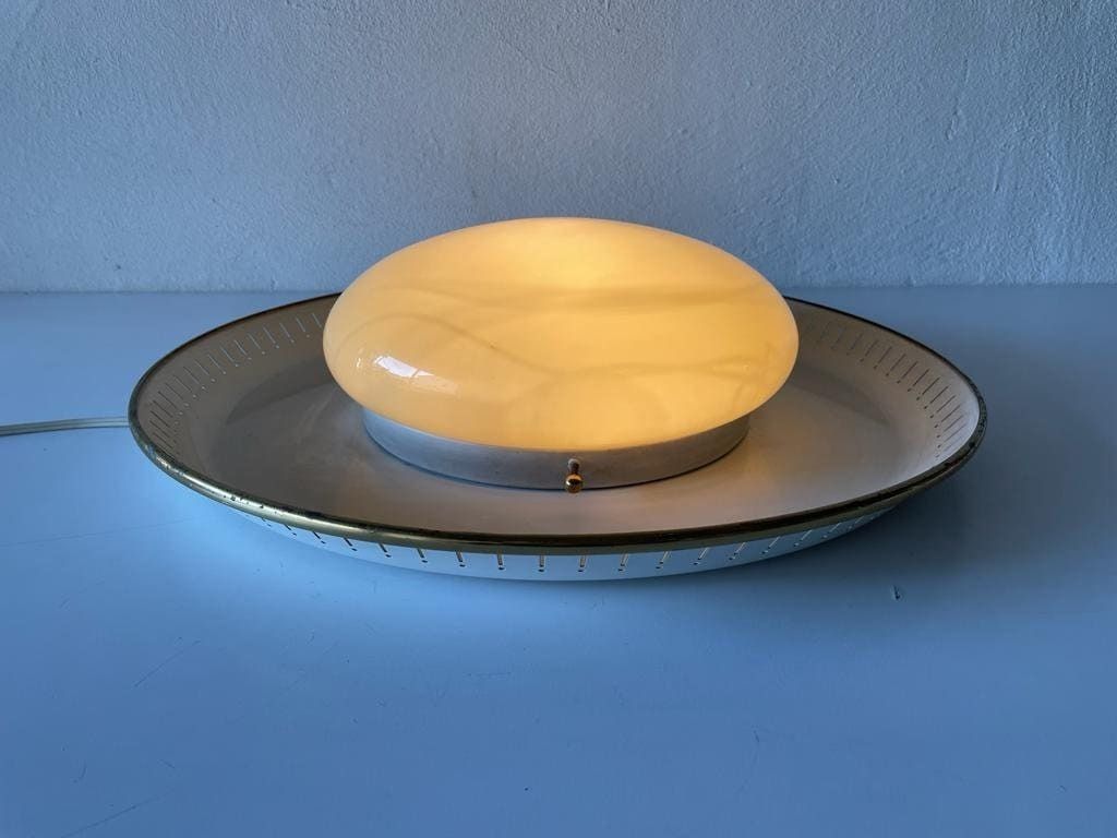 photo furniture Mid Century Design Brass Disc And Art Deco Glass Flush Mount Light Or Sconce By Hillebrand, 1950s, Germany