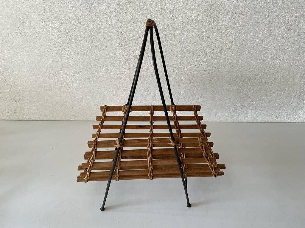 Mid Century Modern Wicker And Wood Magazine Stand, 1960s photo furniture