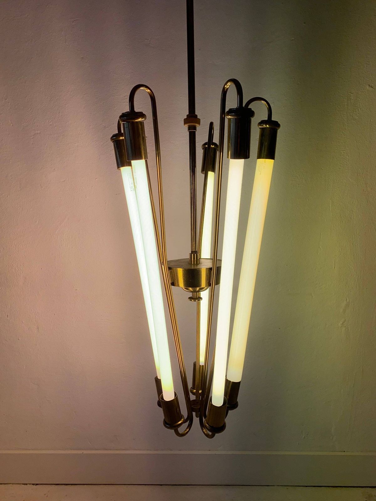 German Brass Art Deco Bauhaus Chandelier By Kaiser & Co. With Five Fluorescent Tubes, 1930s, Germany photo buy