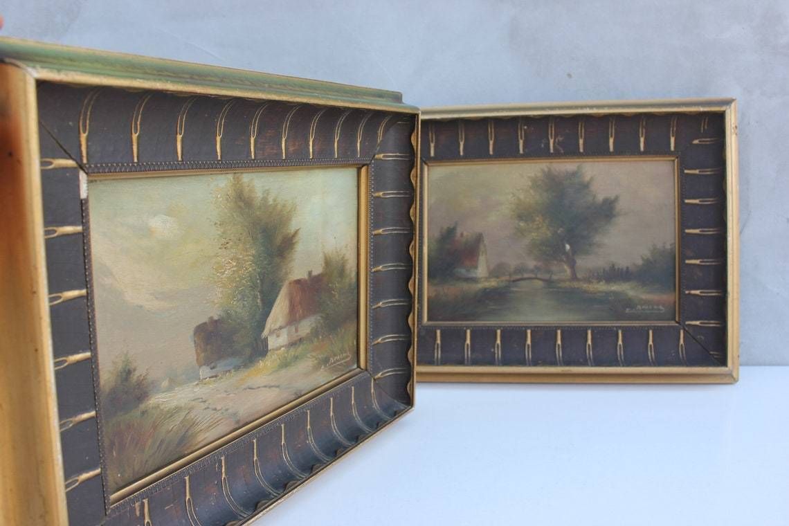 photo furniture Set Of Two Original Landscape Oil Paintings Signed By Artist In Rich Ornate Frames Wall Hanging