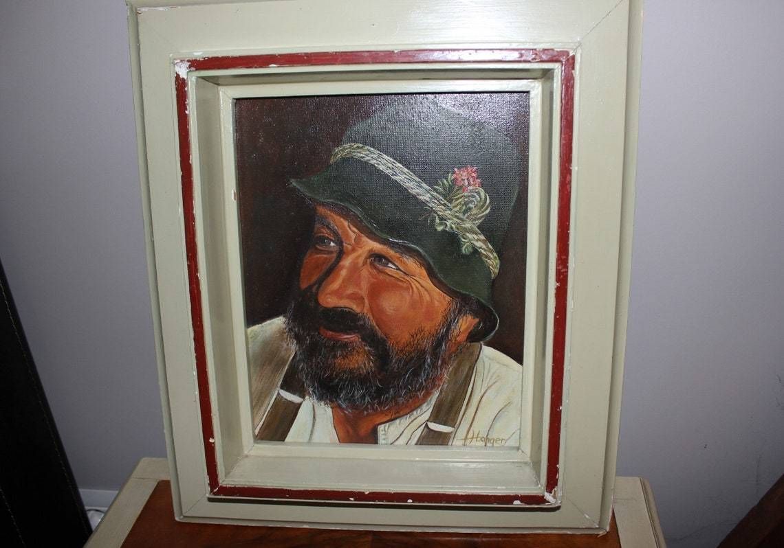 Vintage Portrait Of Man Oil Painting Original Art, Canvas Wall Art, Smiling Old Man Painting, Original Frame, Signed