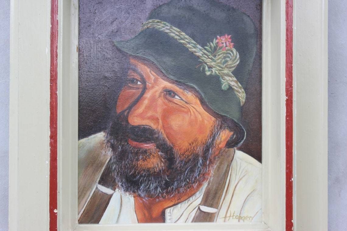 Vintage Portrait Of Man Oil Painting Original Art, Canvas Wall Art, Smiling Old Man Painting, Original Frame, Signed photo for sale