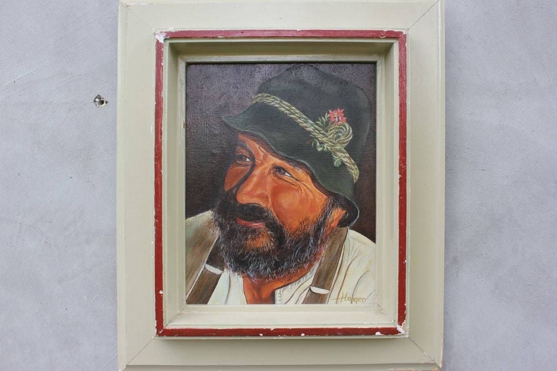 Vintage Portrait Of Man Oil Painting Original Art, Canvas Wall Art, Smiling Old Man Painting, Original Frame, Signed photo Art