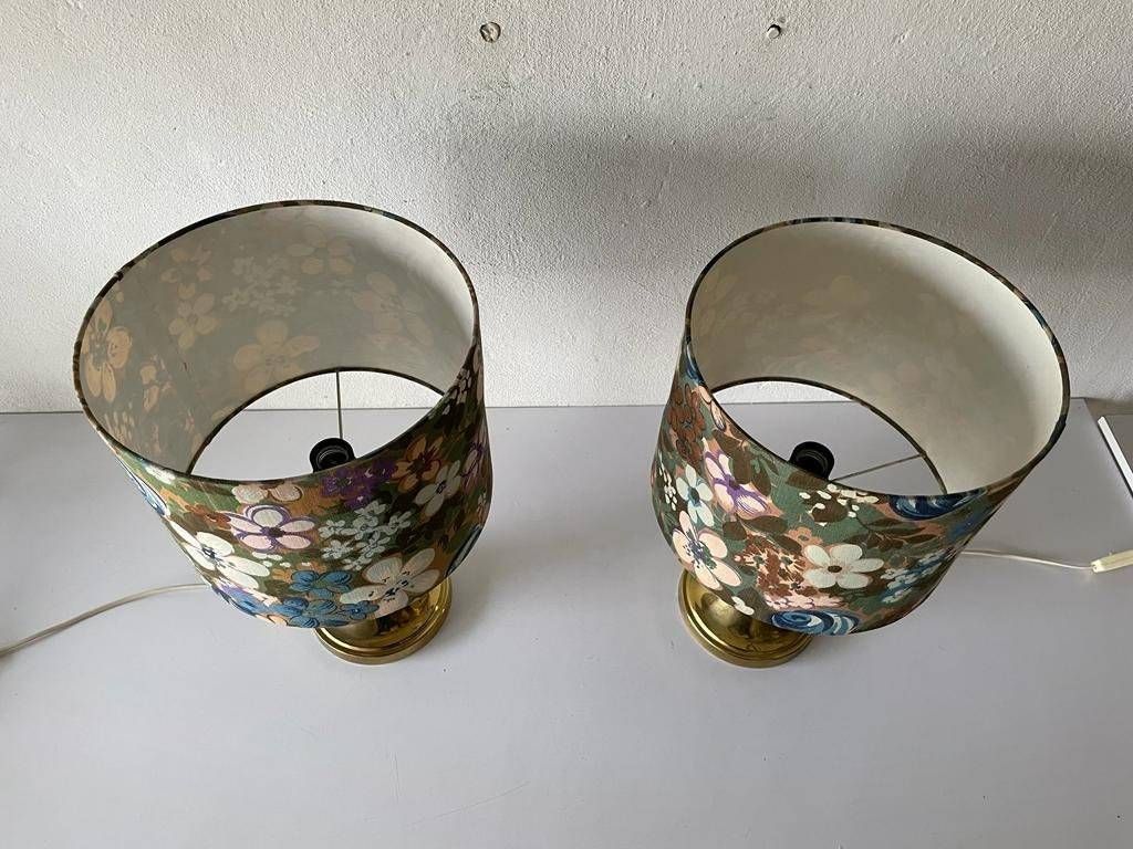 Beautiful Flower Illustrated Fabric Shade & Brass Pair Of Table Lamps, 1980s photo buy