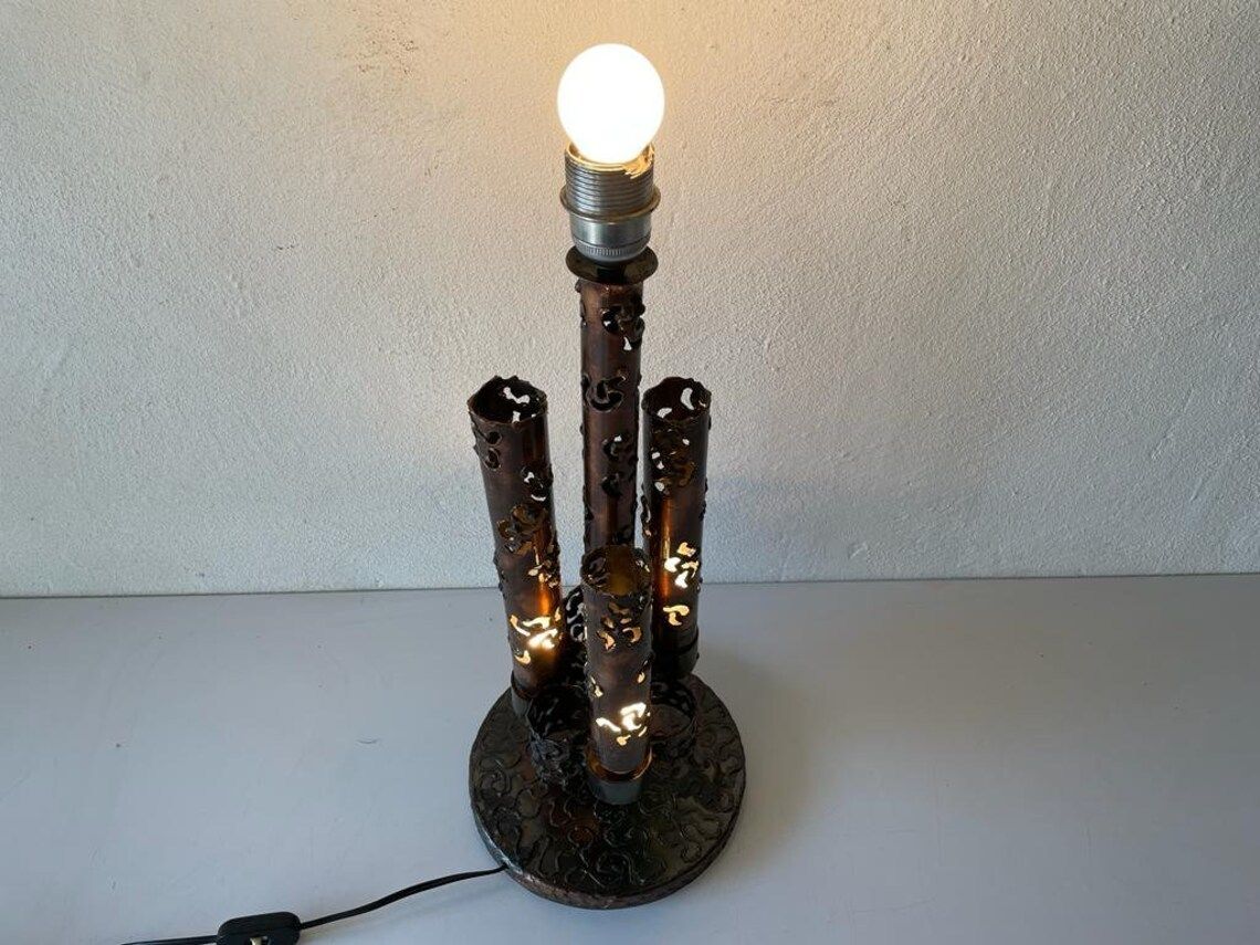 Italian Rare 4 Tubes Brutalist Design Heavy Table Lamp, 1960s, Italy photo vinterior