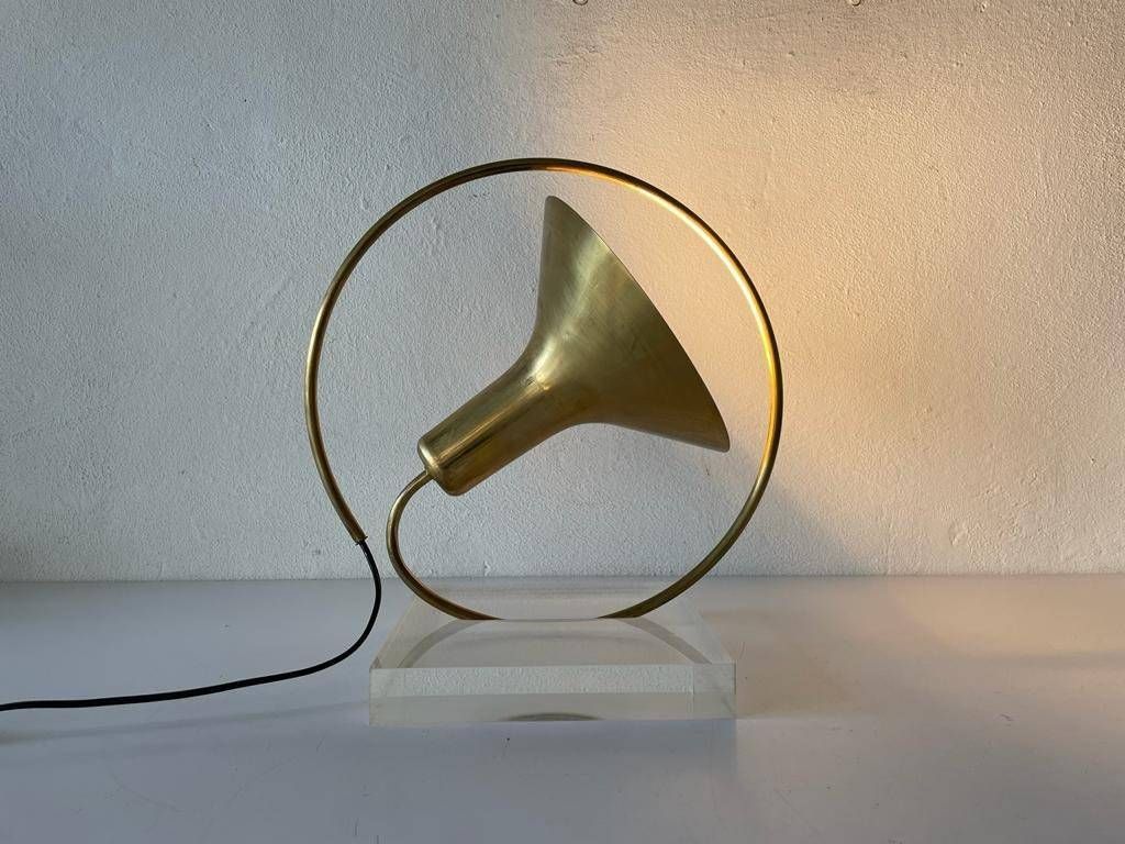 Italian Brass & Lucite Trumpet Design Table Lamp, 1960s, Italy photo for sale