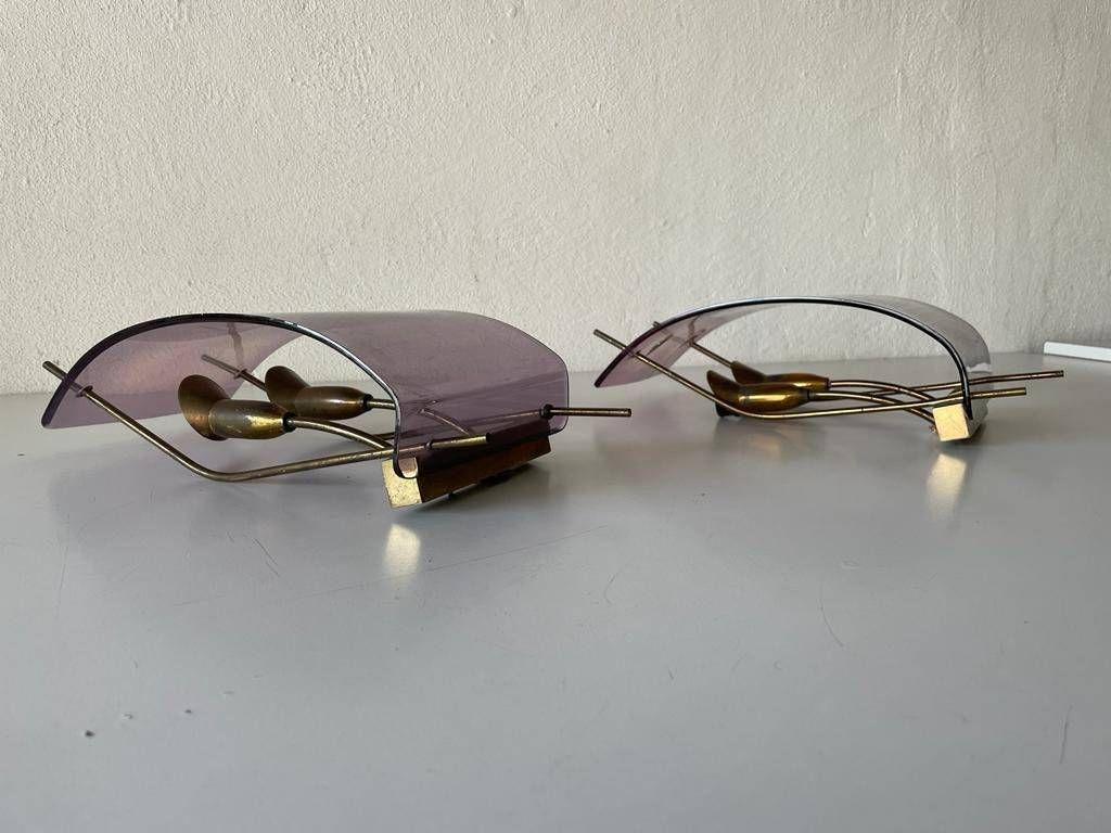 Italian Rare Purple Lucite And Brass Pair Of Sconces, 1950s, Italy photo vintage