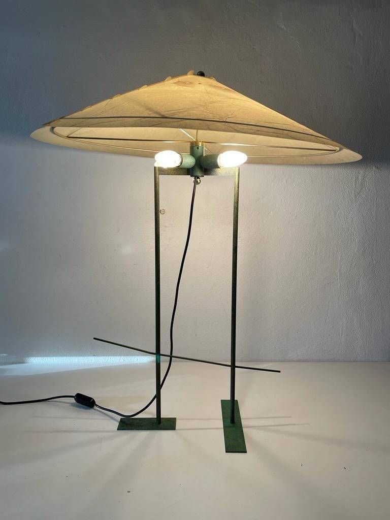 Exclusive Cocoon Plastic Paper And Green Metal Body Industrial Table Lamp, 1950s photo for sale