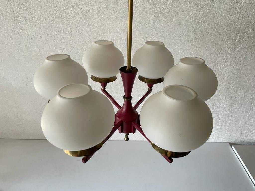 German Modern 6 Opal Glass And Bordeaux Body Chandelier By Kaiser Leuchten, 1960s, Germany photo furniture