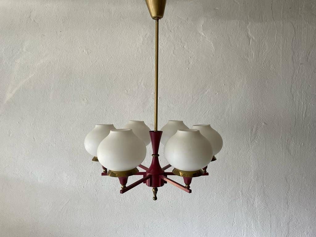 German Modern 6 Opal Glass And Bordeaux Body Chandelier By Kaiser Leuchten, 1960s, Germany photo vinterior