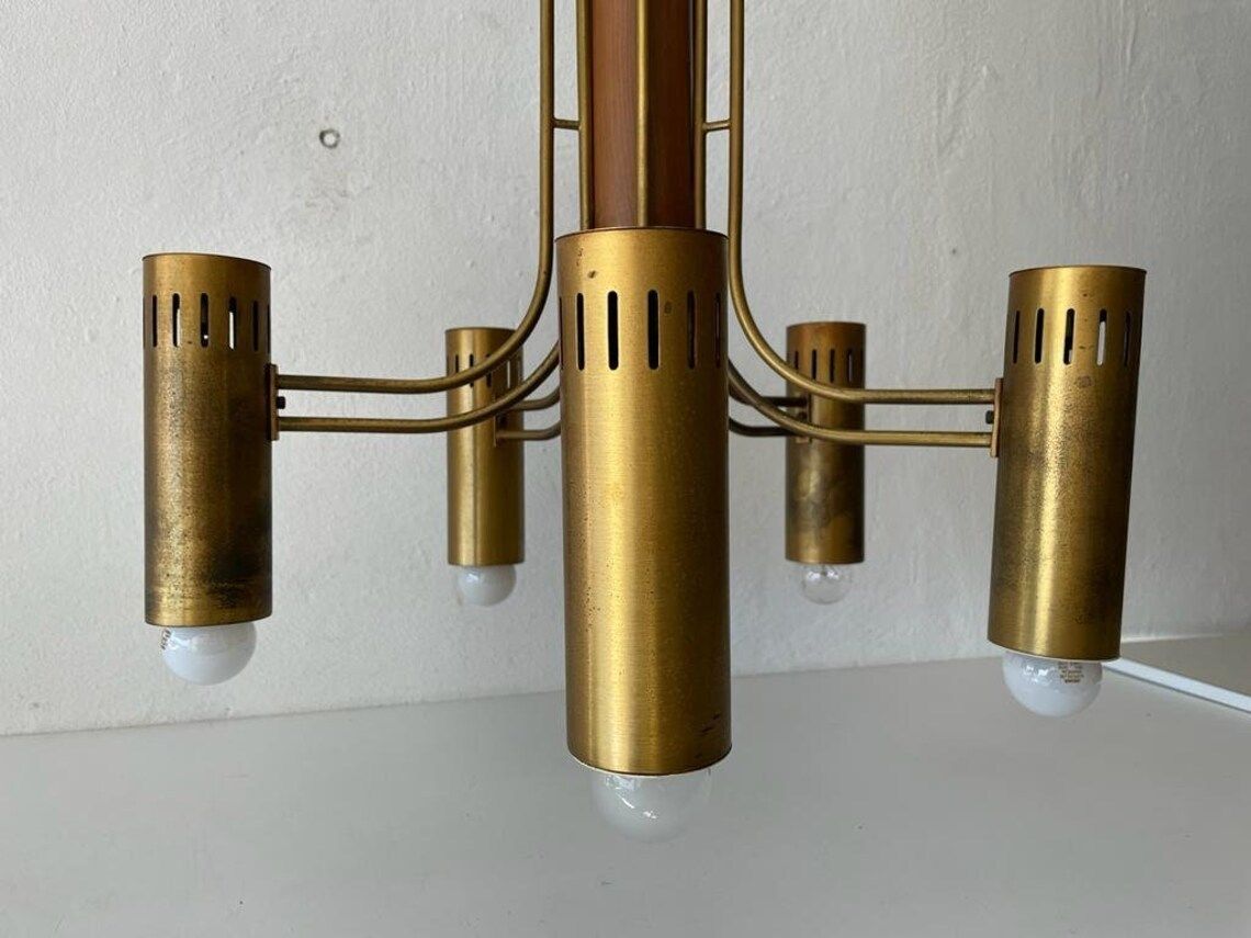 Exclusive 5 Armed Brass And Wood Flush Mount Chandelier Angelo Brotto For Esperia 1970s Italy